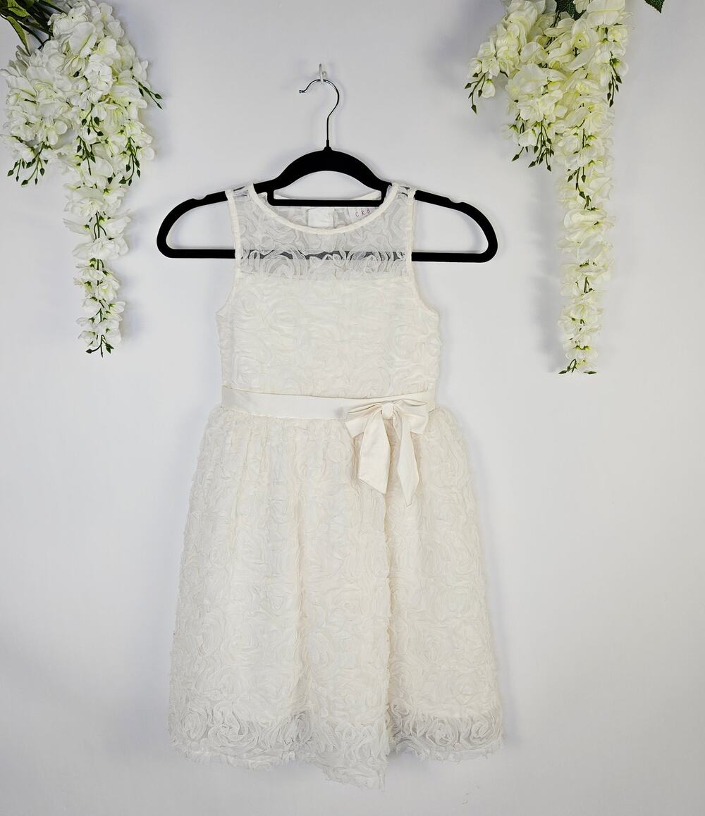 CRB Girl Dress Size 8 Ivory Rose Lace Tulle Bow Flower Girl Wedding Cottagecore